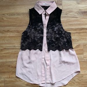 Sleeveless Blush Button Up Blouse with Black Lace